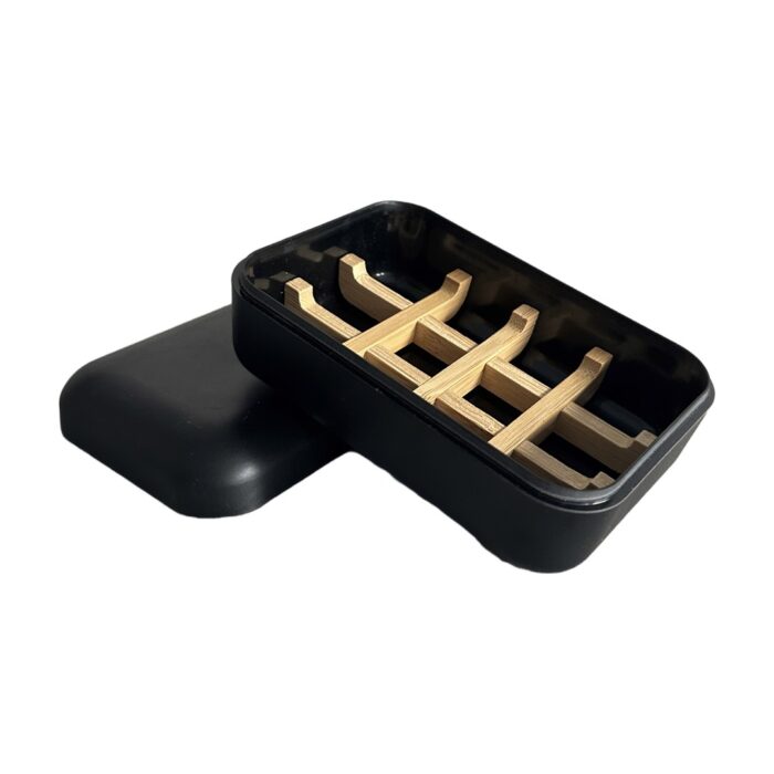 black solid shampoo holder/tray made of bamboo