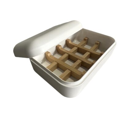 white shampoo bar holder made of bamboo